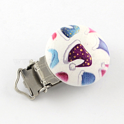 Christmas Hat Pattern Printed Wooden Baby Pacifier Holder Clip with Iron Clasp, Flat Round, Platinum, Purple, 30x30mm