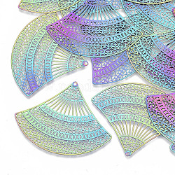 Ion Plating(IP) 201 Stainless Steel Filigree Pendants, Etched Metal Embellishments, Fan, Rainbow Color, 44x55x0.3mm, Hole: 1.4mm