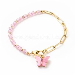 Bracciali con perline di zirconi e catenelle in ottone, con charms in acrilico e minuteria in ottone, farfalla, perla rosa, 7-5/8 pollice (19.3 cm)