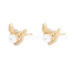 Cubic Zirconia Heart Wing Stud Earrings with Acrylic Pearl, Brass Jewelry for Women, Lead Free & Cadmium Free, Real 18K Gold Plated, 10.5x12mm, Pin: 0.8mm