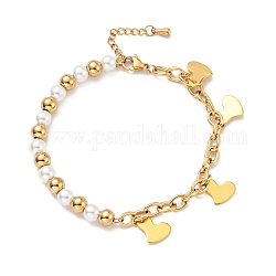 Bracelet de breloque de coeur 201 en acier inoxydable, bracelet en perles de plastique avec placage sous vide 304 chaînes de câbles en acier inoxydable pour femmes, or, 7-1/2 pouce (19 cm)