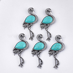 Synthetic Turquoise Brooches/Pendants, with Alloy Findings, Flamingo Shape, Antique Silver, 83.5x38x12mm, hole: 4x3mm, Pin: 0.7mm