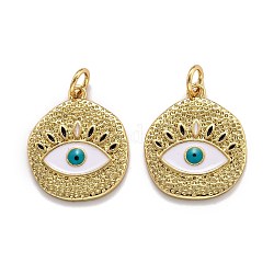 Brass Enamel Pendants, with Jump Ring, Long-Lasting Plated, Real 18K Gold Plated, Flat Round with Evil Eye, Seashell Color, 19x16x2mm, Hole: 3.6mm