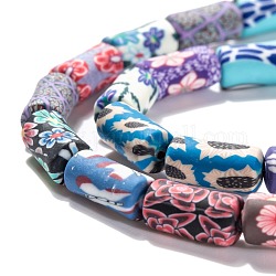 Handmade Flower Printed Polymer Clay Beads Strands, Column, Colorful, 11~12x5~6mm, Hole: 2.7mm, about 32~34pcs/strand, 15.8 inch(40cm)