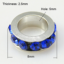 Abalorios de latón Diamante de imitación espaciador, Grado A, color del metal platino, zafiro, 8x2.5mm, agujero: 5 mm