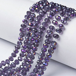 Placcare trasparente perle di vetro fili, mezzo arcobaleno placcato, sfaccettato, rondelle, viola scuro, 8x6mm, Foro: 1 mm, circa 72pcs/filo, 16.14 pollici (41 cm)