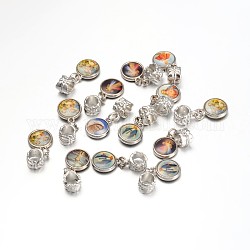 Alloy European Dangle Charms, Flat Round, Platinum, Mixed Color, Size: about 11mm wide, 26mm long, 7mm thick, hole: 4mm