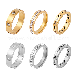ANATTASOUL 6Pcs 6 Style 201 Stainless Steel Hollow Roman Numerals Finger Ring Set with Rhinestone, Golden & Stainless Steel Color, Inner Diameter: 16.7~17.8mm, 1Pc/style