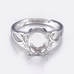 Componentes del anillo de dedo de bronce ajustable, Ajustes de anillo de punta de 4 garra, con circonita, Plateado de larga duración, oval, Platino, Bandeja: 10x8 mm, 16~16.5mm