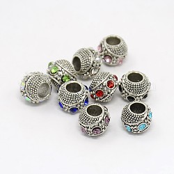 Antique Silver Zinc Alloy Pave Grade A Rhinestone European Beads, Rondelle, Mixed Color, 11x9mm, Hole: 5mm