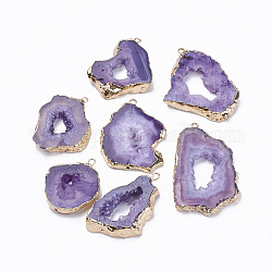 Pendentifs en agate druzy naturel, avec les accessoires en fer de ton or, teinte, pépites, bleu violet, 20~60x13~50x4~8mm, Trou: 1~4mm