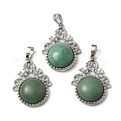 Natural Green Aventurine Pendants, with Rack Plating Brass Findings, Cadmium Free & Lead Free, Flat Round & Flower, 34~34.5x25.5~26x8.5~9mm, Hole: 8x5.5mm