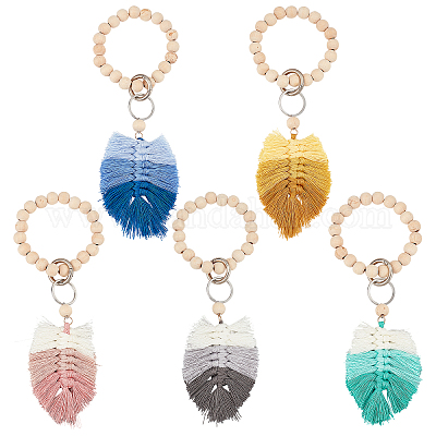 5pcs perles de bois naturel bracelets extensibles porte-clés&nbsp;KEYC-PH01429-1