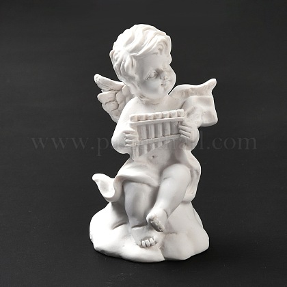 樹脂模造石膏彫刻  置物  ホームディスプレイ装飾  パンパイプを持つ天使  ホワイト  36x36.5x65mm AJEW-P102-02-1