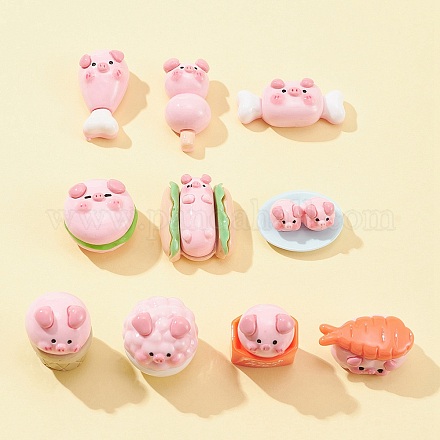 10 個 10 スタイル不透明樹脂かわいい豚模造食品デコデンカボション  ピンク  14~31x14.5~33x12~19mm  1個/スタイル CRES-FS0001-13-1