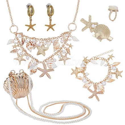 PandaHall Elite Natural Shell & Alloy Starfish Charm Bracelet & Bib Necklace & Adjustable Ring & Dangle Stud Earrings & Aligator Hair Clip & Mini Crossbody Bags SJEW-PH0001-11-1