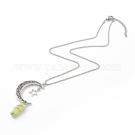 Natürliche Zitronenjade-Kugel mit Mond- und Sternanhänger-Halskette aus Legierung NJEW-JN03912-03-1