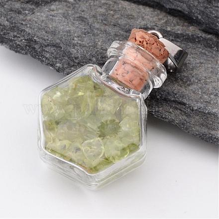 Hexagon Glass Bottle with Peridot inside Pendants PALLOY-JF00171-03-1