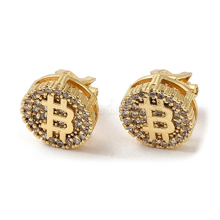 Boucles d'oreilles à clip en forme de bitcoin en laiton plaqué or véritable 18 carat EJEW-B034-04G-1
