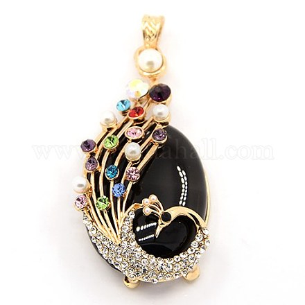 Multi-Color Alloy Rhinestone Peacock Setting with Oval Natural Gemstone Big Pendants G-M036-15G-1