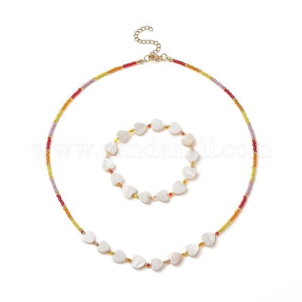 Collier et bracelet extensible en perles de verre et cœur de coquillage naturel SJEW-JS01272-1