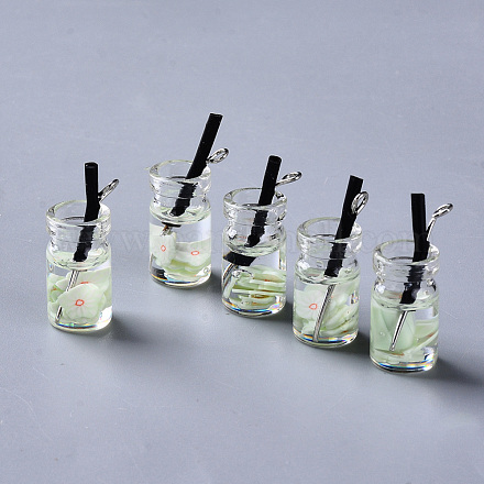 ガラスボトルペンダント  内部に樹脂とポリマークレイを使用  プラスチックとプラチナ調のアイピン  模造ジュースボトル  甘露  24~26x10mm  穴：1.6mm GLAA-S181-11C-1