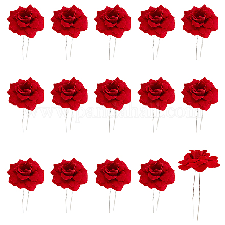 Nbeads15個のバラの花のヘアクリップ  U字型フラワーヘアフォーク赤いバラの頭ボビーピン結婚披露宴のヘアアクセサリー用ブライダルヘアスティック  レッド OHAR-WH0020-03-1