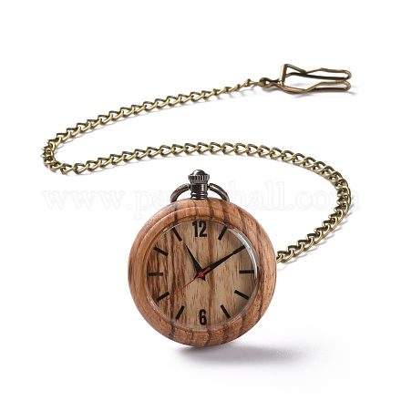 真鍮製のカーブチェーンとクリップが付いた黒檀の懐中時計  男性用フラットラウンド電子時計  バリーウッド  16-3/8~17-1/8インチ（41.7~43.5cm） WACH-D017-A19-03AB-1