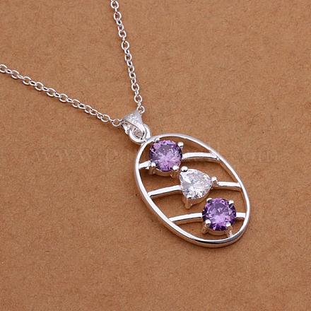 Simple Silver Color Plated Brass Cubic Zirconia Hollow Oval Pendant Necklaces For Women NJEW-BB12983-1