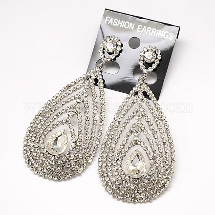 Femmes élégantes mousseux pendantes en alliage en forme de larme pendentif verre strass clous d'oreilles X-EJEW-L070-09-1
