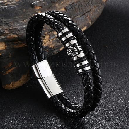 Bracelet multi-rangs double couche en cuir perlé tête de mort en acier inoxydable SKUL-PW0004-26C-01-1