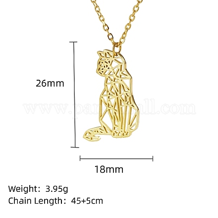 本物の18Kゴールドメッキステンレススチールペンダントネックレス  折り紙の動物  猫の形  17.72インチ（45cm）  ペンダント：26x18mm GF1493-10-1