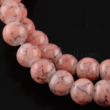 Round Light Coral Color Spray Painted Glass Beads Strands X-DGLA-R004-8mm-25-1