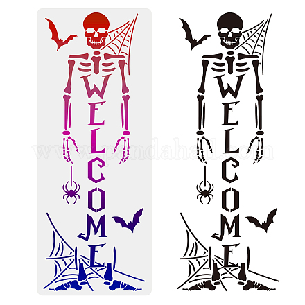 Mayjoydiy scheletro stencil scheletro benvenuto stencil ragnatela ragno pipistrello modello di halloween 15.7×39.4 pollici riutilizzabile progetti artistici fai da te decorazione per il legno DIY-WH0426-0014-1