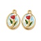 304 Stainless Steel Enamel Pendants, with ABS Plastic Pearl, Oval with Flower Charms, Ion Plating(IP), Sky Blue, 20.5x13.5x3mm, Hole: 1.5mm