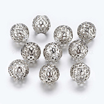 Perles européennes en laiton, grand trou billes creuses, rondelle avec grille, argent antique, 10x8mm, Trou: 4mm