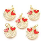 Brass Micro Pave Clear Cubic Zirconia Pendants, Long-Lasting Plated, with Jump Rings & Enamel, Real 18K Gold Plated, Flat Round with Heart Eyes, Red, 16.5x14x2.5mm, Hole: 3mm