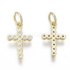Micro pavé de latón circonio cúbico pequeños encantos de cruz, con anillo de salto, sin níquel, Claro, real 18k chapado en oro, 14x8.5x1.5mm, agujero: 3 mm