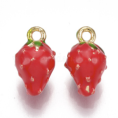 Charms in ottone, con smalto, fragola, rosso, nichel libero, vero placcato oro 18k, 11.5x7x7mm, Foro: 1.4 mm