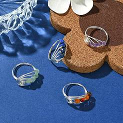 4 anello per dito con perline rotonde con pietre preziose miste naturali in stile 4 pezzi&nbsp;RJEW-TA00104