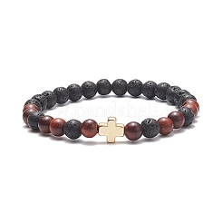 4 pièces 4 couleurs bois naturel et roche de lave et alliage corss ensemble de bracelets extensibles perlés&nbsp;BJEW-JB08816