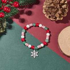 Natürliches grünes Aventurin- & Mashan-Jade- & Muschelperlen-Stretch-Armband mit weihnachtlichem Schneeflocken-Legierungsanhänger&nbsp;BJEW-TA00089