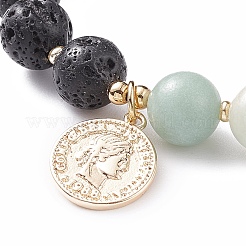 Bracelets élastiques ronds en amazonite et pierre de lave avec une pièce en laiton&nbsp;BJEW-TA00105