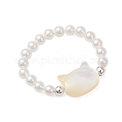 Katzenförmige natürliche weiße Muschelperlen Stretch-Fingerringe&nbsp;RJEW-TA00175