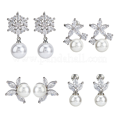 4 paio di orecchini a bottone in ottone con micro pavé di zirconi cubici e perle di imitazione in plastica&nbsp;EJEW-FI0003-11