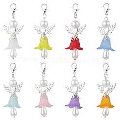 8 pz 8 colori acrilico satinato e perle di vetro ciondolo decorazione a forma di angelo con fiore&nbsp;HJEW-JM03490