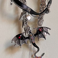 Legierung Harz Strass Drachen Anhänger schwarz PU Leder Doppelschicht Choker Halsketten für Frauen&nbsp;FS-WGA08B0-01