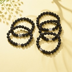 Bracciale elasticizzato in roccia lavica naturale con perline in lega&nbsp;BJEW-JB08192