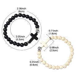 2 Stück 2-farbig gefärbtes synthetisches Türkis-Kreuz und Stretch-Armbänder aus Legierungsperlen&nbsp;BJEW-YW00002-02