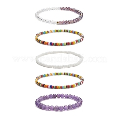 Set di bracciali con perline elastiche in vetro sfaccettato e ametista naturale&nbsp;BJEW-TA00202-04